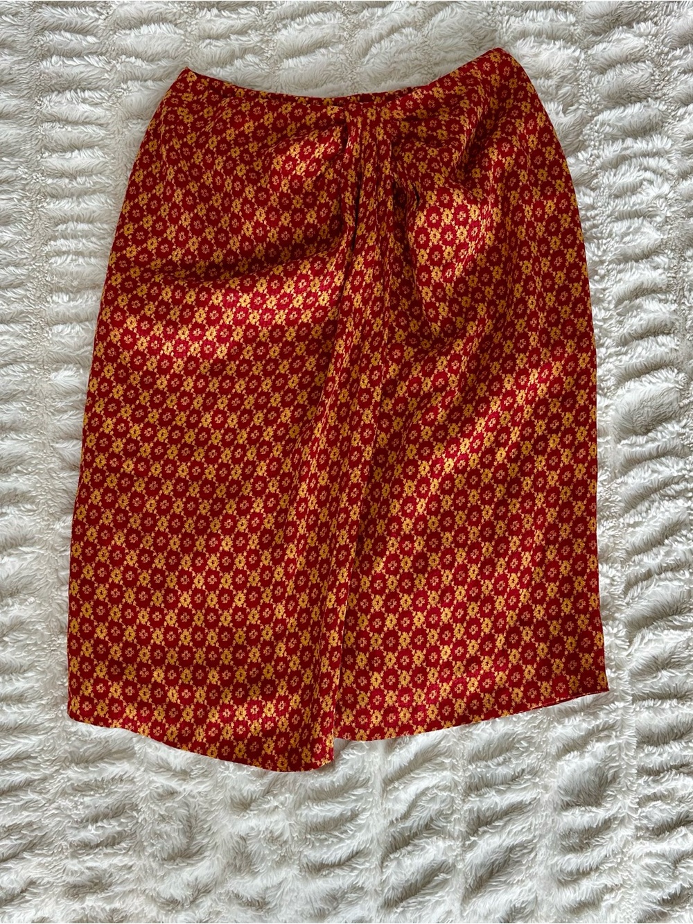 Vintage 90s Anne Klein 100% Silk Front Twist Draped Midi Skirt Red Gold Floral 8